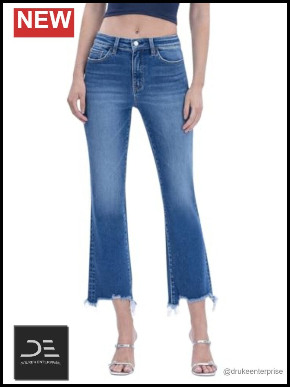 High Rise Frayed Hem Flare Leg Jeans - 93% Cotton Stretch Denim